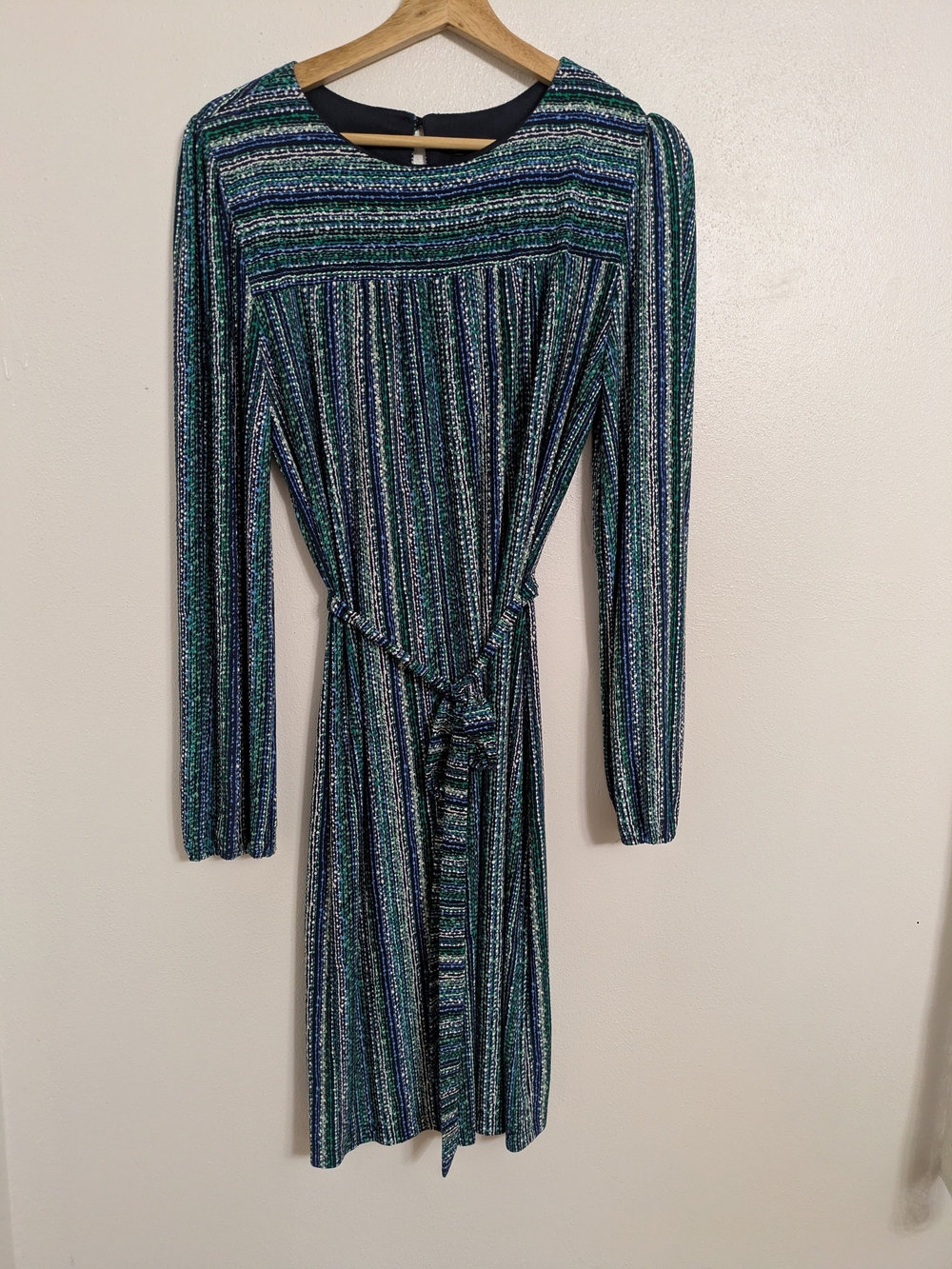 R&K Striped Long-Sleeve Tie-Waist Dress in Teal, Navy & White